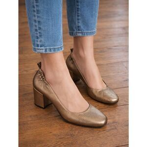 Marta Ray “Ines Laminato Platino” Bronze Metallic Leather Block Heel Pumps
